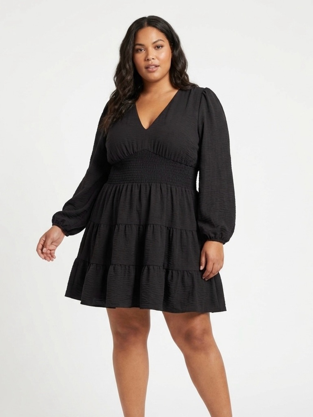 Gianni Bini, Black V-Neck Tiered Mini Dress - L